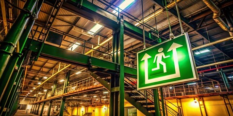 Obraz premium Low Light Warehouse Fire Escape Sign - Emergency Training & Evacuation Prep