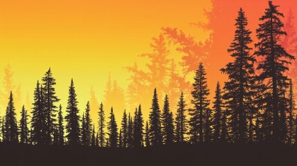 Obraz premium Silhouetted Coniferous Forest at Sunset Glow