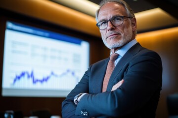 Obraz premium A focused executive stands in a polished boardroom, showcasing a determined expression as he engages in strategic discussions about growth and future opportunities.