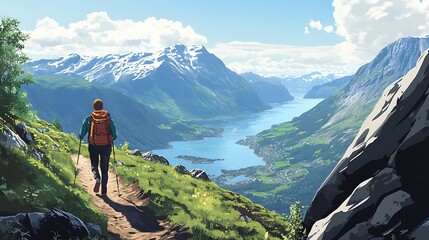 Fototapeta premium Hiker Ascends Mountain Path Overlooking Fjord Valley
