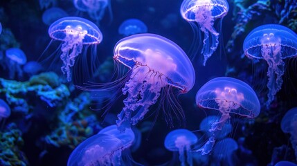 Glowing jellyfish underwater, illuminated in blue, swimming in a group.