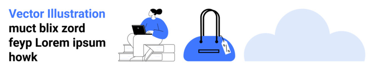 Woman working on a laptop while sitting on steps. A blue handbag and a cloud icon indicate digital and travel themes. Ideal for workplace flexibility, remote work, travel, productivity, tech