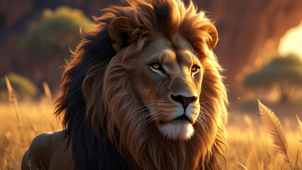 Naklejka premium Majestic Lion in the Golden Afternoon A Hyper-Realistic Portrait