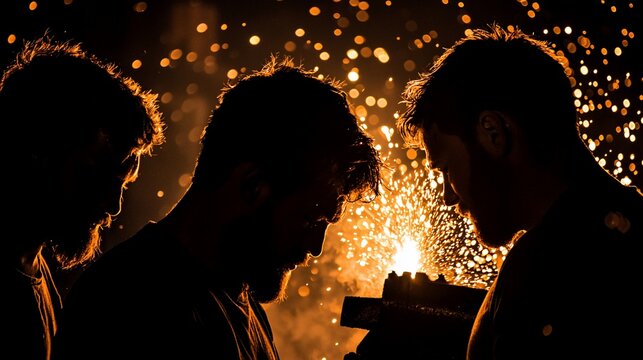 Silhouetted men around sparks at night.