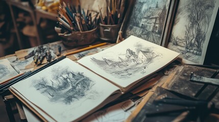 Artist's workspace with sketches, pencils, and artwork.