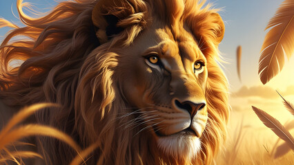 Fototapeta premium Majestic Lion in the Golden Afternoon A Hyper-Realistic Portrait