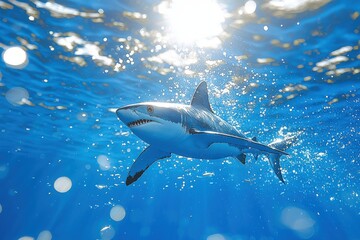 Fototapeta premium Majestic shark swimming gracefully in vibrant blue ocean water, sunlight filtering through the surface, creating a breathtaking underwater scene.