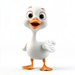 Cheerful Cartoon Goose on Bright White Background with Playful Pose and Oversized Eyes for Childlike Charm