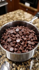 Fototapeta premium Melting chocolate chips in a saucepan on a countertop.
