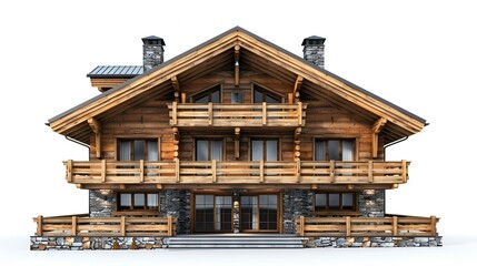 A contemporary wooden home with expansive windows made of glass, set against a white backdrop