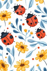 Fototapeta premium Happy Ladybugs: Floral & Leaf Flat Design