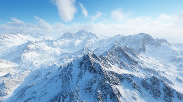 Panoramic view of snow-covered mountain range under a bright blue sky.