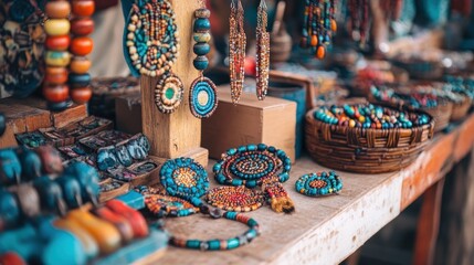 Colorful handcrafted jewelry displayed on a wooden table at a market stall.