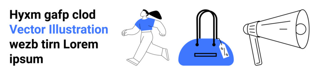 Woman jogging, blue handbag with tag, and megaphone on white background with text on left. Ideal for fitness, fashion, announcements, advertising, marketing materials, social media and web design