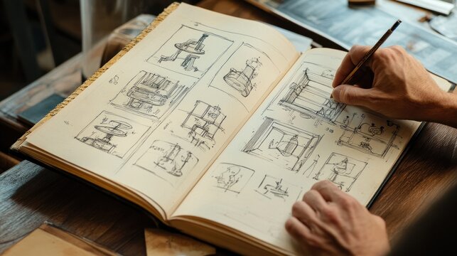 Hands sketching architectural designs in a large sketchbook.