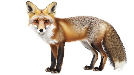 Fototapeta premium a red fox with white patches and black feet is set against a white background. 