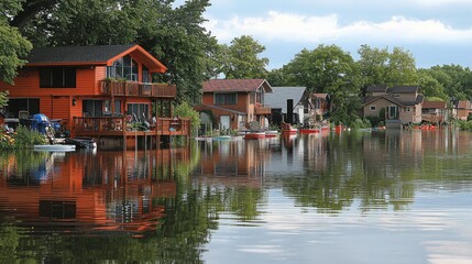 Obraz premium A serene lakeside view featuring colorful houses reflecting in calm water, surrounded by lush greenery.