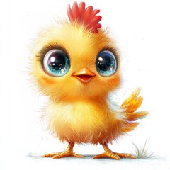 Fototapeta premium Sweet Cartoon Rooster Chick with Sparkling Eyes and Fluffy Feathers on White Background | Adorable Chick Illustration for Kids