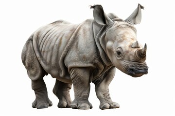 Obraz premium A rhino is standing on a white background. It has a horn on its head. The rhino is looking at the camera