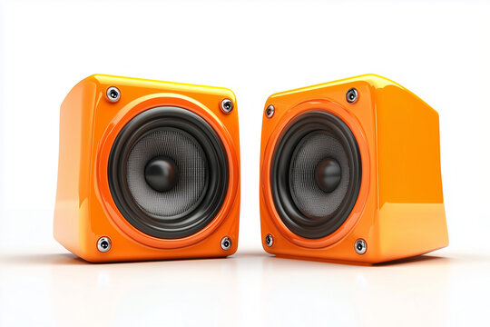 Modern orange stereo speakers isolated on a white background.