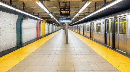 Obraz premium Empty subway platform with train and bright yellow platform edges.