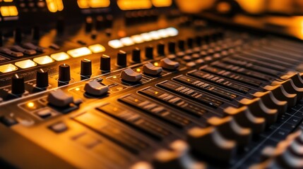 Close-up of illuminated audio mixing console with faders and knobs.