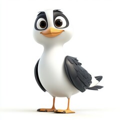 Obraz premium Cheerful Cartoon Seagull with Big Round Eyes on White Background - Cute Character Illustration with Clean Line Art and Gentle Shades