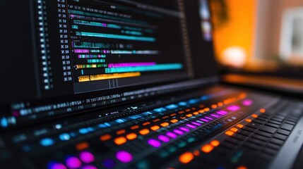 Obraz premium Close-up of a laptop displaying code and an audio mixing console.
