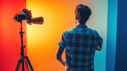 Photographer adjusting camera settings against vibrant colorful background.
