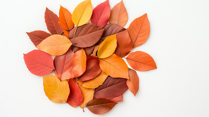 A pile of colorful autumn leaves on a white background.