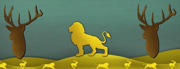 2D paper cut golden lion and brown deer head on rough soft green background. Golden lion hunts golden deer, 2D safari digital canvas, wallpaper