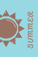 Minimalistic summer retro card. Sun brown icon on blue background vintage color . Simple flat vector illustration.
