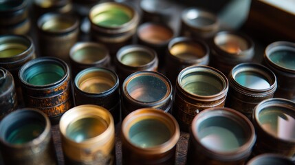 Collection of vintage camera lenses in wooden box.
