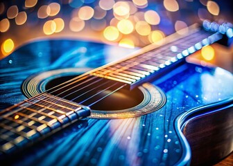 Obraz premium Macro Blue Guitar Light Photography - Closeup Detail Shots of Acoustic Instrument
