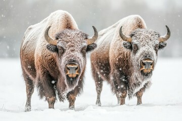 Majestic blue wildebeest with distinctive curved horns roam freely in the arid, sun-baked landscape of Etosha National Park, Namibia.. Beautiful simple AI generated image