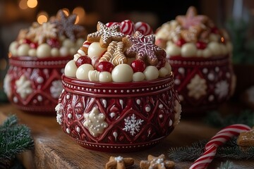 Fototapeta premium Festive holiday treats in decorative bowls on a wooden table