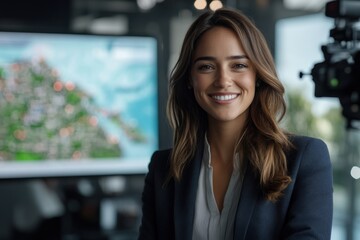 Fototapeta premium A confident female professional smiles brightly in a modern office environment, exuding warmth and approachability with maps displayed behind her on the screen.
