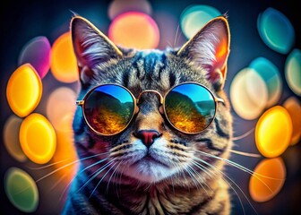 Naklejka premium Macro Cat Sunglasses Photography - Close Up Feline Eyeglasses Shot