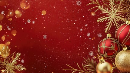 Festive Christmas Background with Red Ornaments, Pine Branches, Golden Sparkles, and Falling Snowflakes for Holiday Celebrations and Seasonal Events