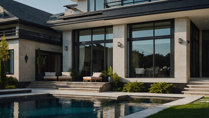 Contemporary home with large windows, light-colored exterior, and a swimming pool.  Landscaping includes shrubs and grass. Patio furniture is visible near the pool and house.
