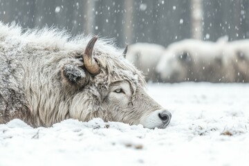 Fototapeta premium Majestic blue wildebeest with distinctive curved horns roam freely in the arid, sun-baked landscape of Etosha National Park, Namibia.. Beautiful simple AI generated image