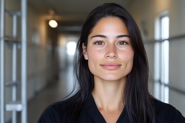 Naklejka premium A natural beauty embodies calmness and authenticity, posing in a corridor setting that enhances her genuine expression and the simplicity of the environment around her.