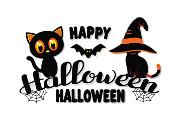 "Happy Halloween Vector Illustration with Black Cat and Bat"

