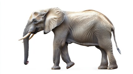 Fototapeta premium Realistic Portrait of an Adult African Elephant Walking Gracefully in Profile, Highlighting the Texture and Detail of Its Skin and Majestic Form