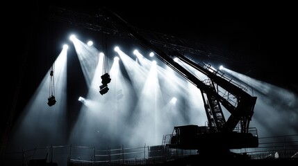 Silhouetted crane at night under bright stage lights.
