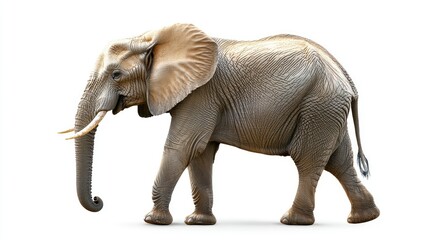 Obraz premium Realistic and Detailed Illustration of an Elephant with Textured Skin Walking Gracefully Against a White Background, Showcasing the Majesty of Wildlife