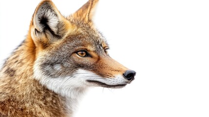 Fototapeta premium Close-Up Profile of a Majestic Coyote Displaying Its Distinctive Features Against a Clean White Background, Emphasizing Nature's Intricate Beauty and Wild Essence
