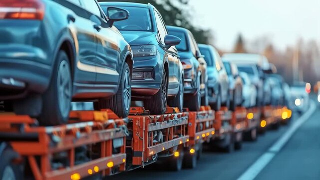 Busy highway car transporter with vehicles in motion during daytime traffic