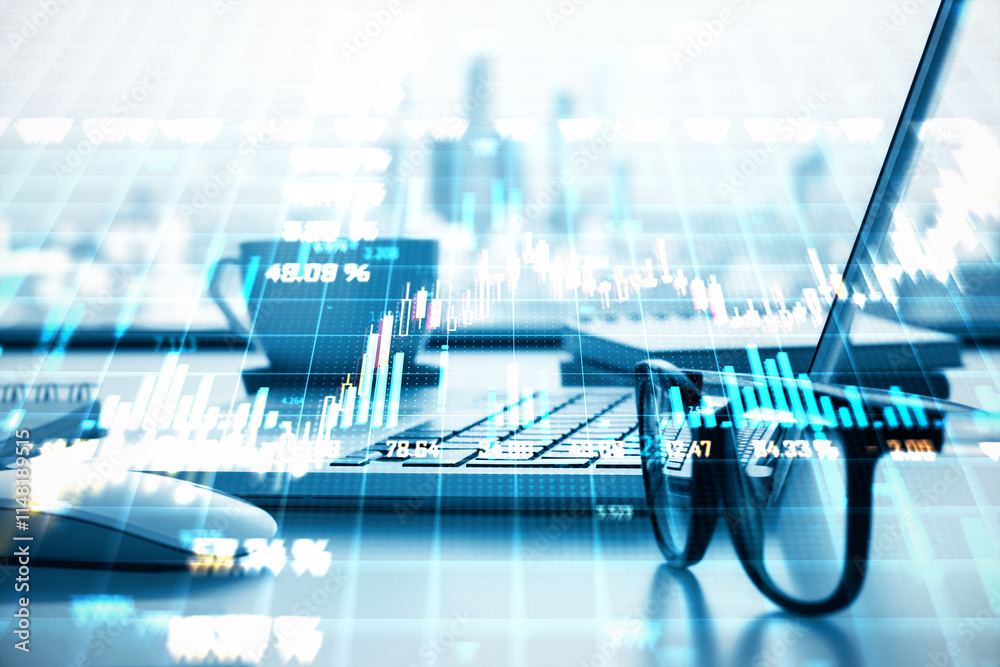 Poster financial trading concept with graphs and charts overlaying office tools on a digital background.