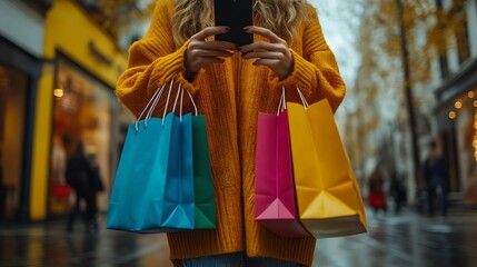 Obraz premium Woman in yellow sweater shopping uses phone
